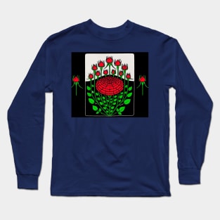 BLACK WHITE RED ROSES GREEN LEAVES ND ROSEBUDS Art Nouveau Floral Long Sleeve T-Shirt